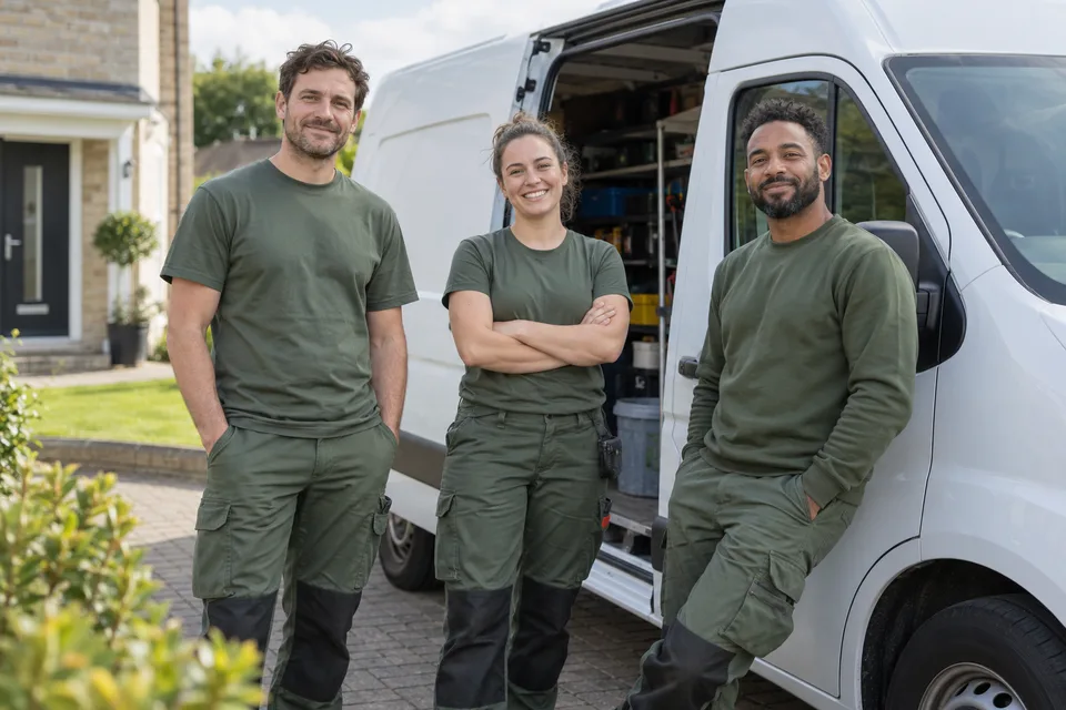 Bathroom fitting workwear and a trade van