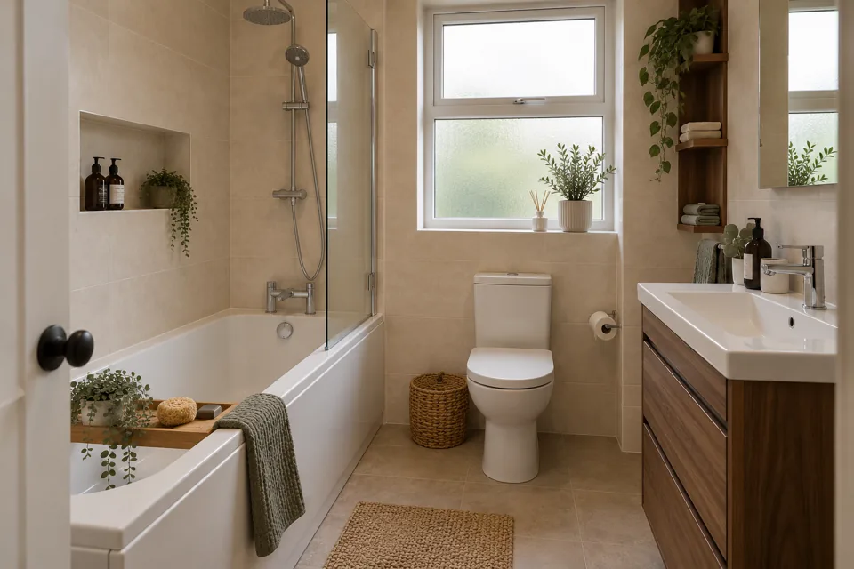 Fitted bath with shower screen, oak vanity and wall storage