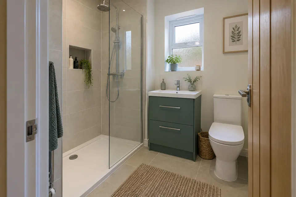 Compact shower room with green vanity and wall niche