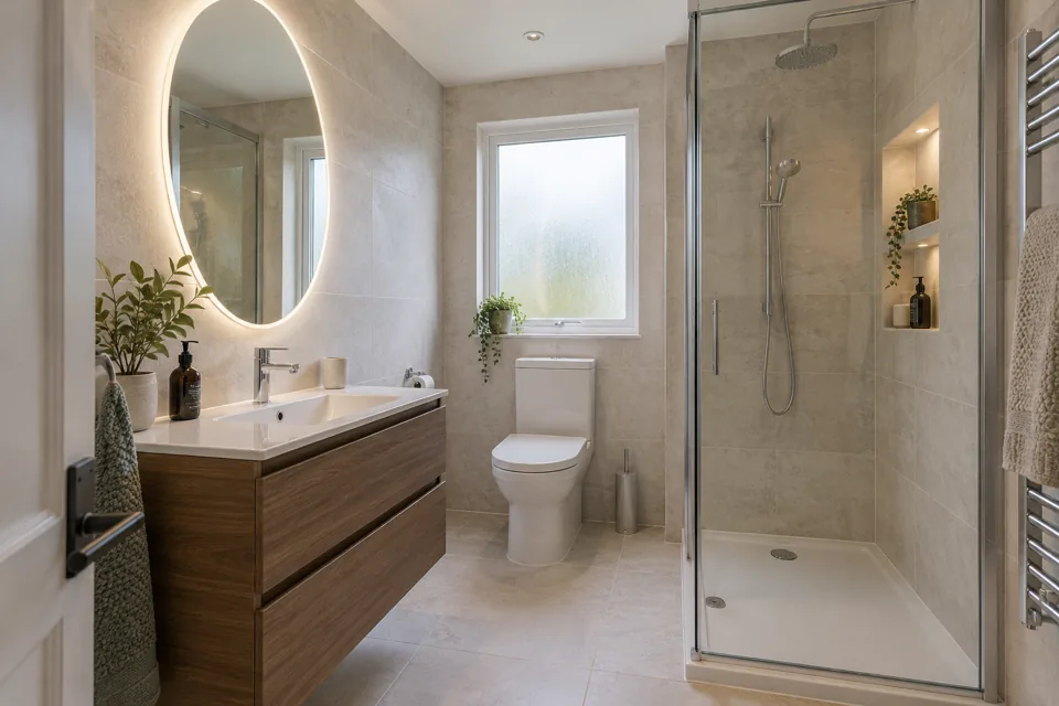 Walk-in shower with oak vanity, round mirror and recessed shelves